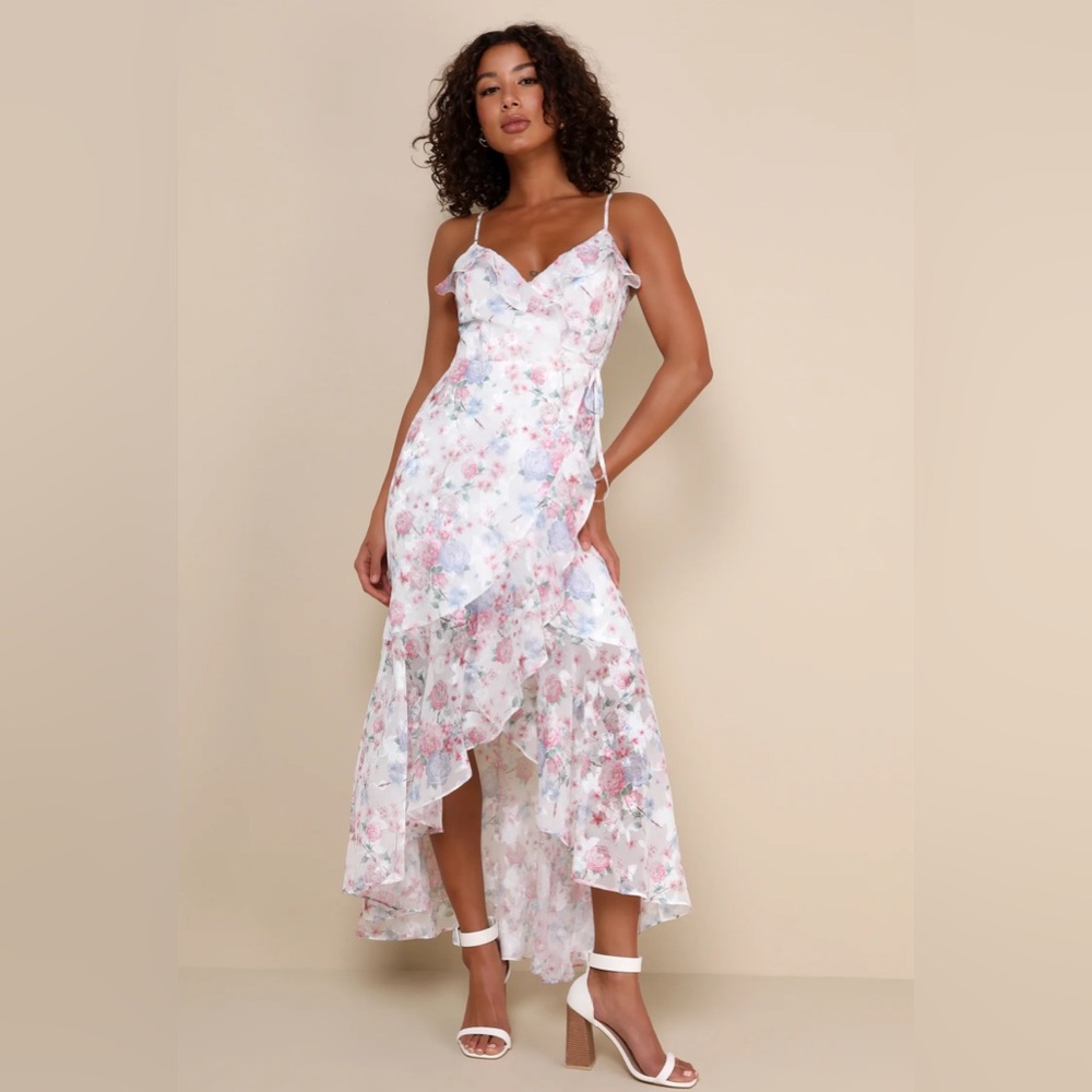 Beautifully Blissful White Floral Print High-Low Wrap Maxi Dress